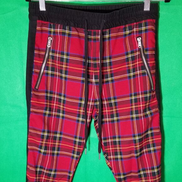 Forever 21 Men Small Red Plaid Pull-On Drawstring Jogger Pants Zippers Rave Punk - Picture 1 of 5